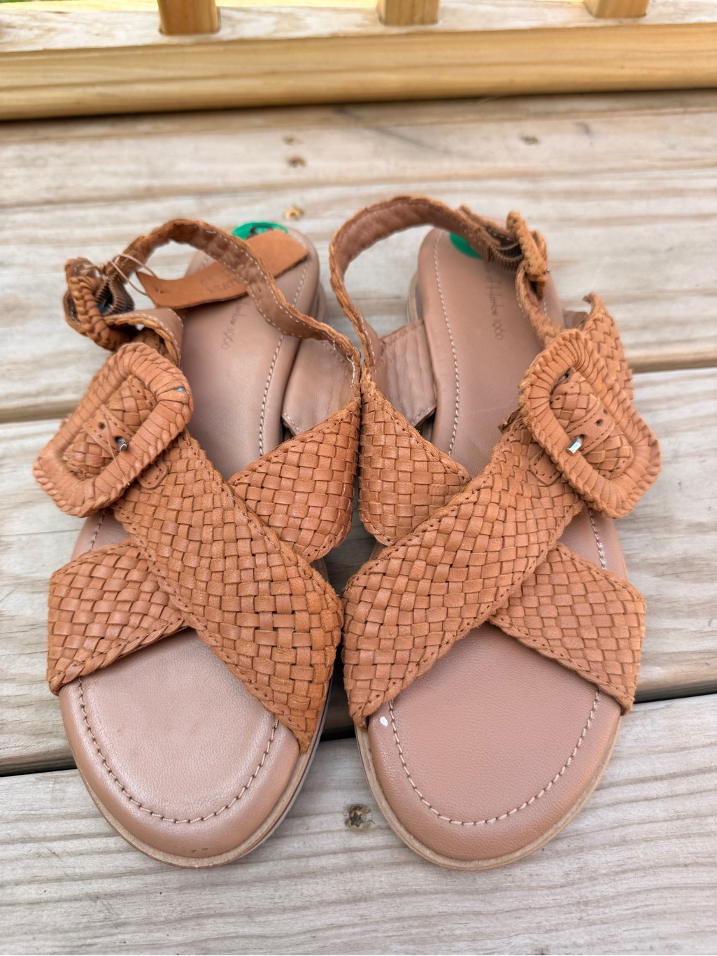 House Of Harlow 1960 Woven Tan Leather Cross-Strap Sandals